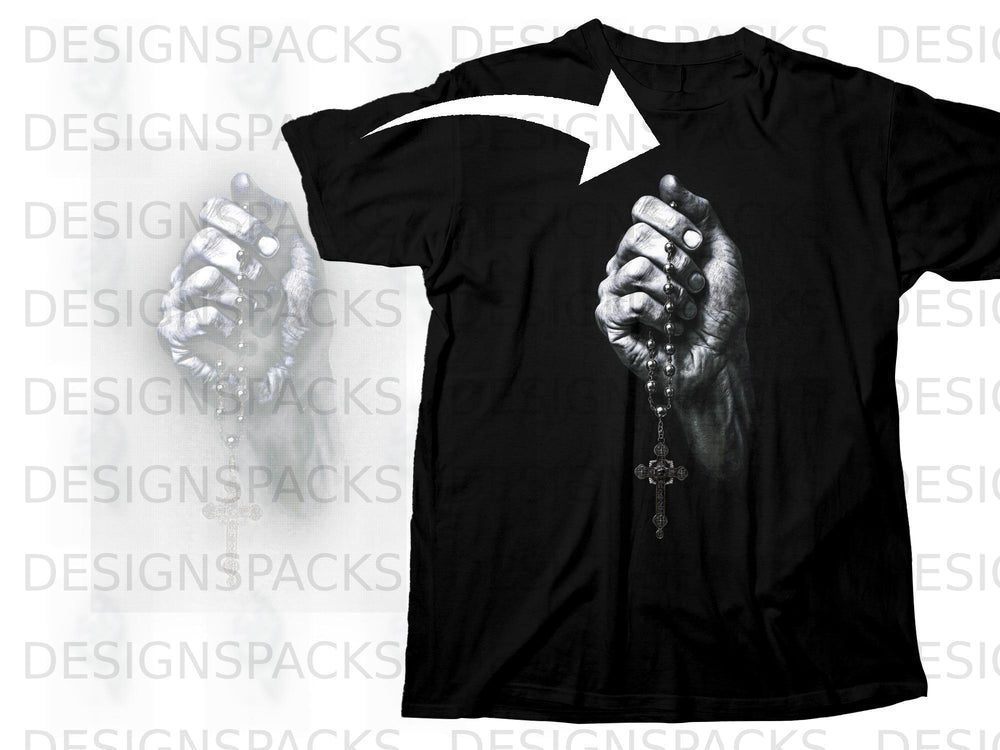 Black t-shirt featuring a grayscale image of hands holding rosary beads.