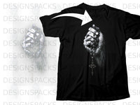 Load image into Gallery viewer, Black t-shirt featuring a grayscale image of hands holding rosary beads.
