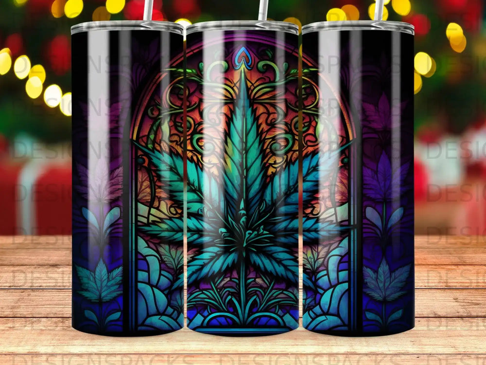 Stained glass cannabis leaf design on a tumbler.
