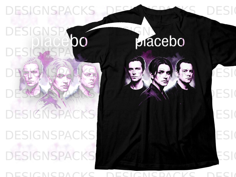 Black t-shirt with graphic of the band Placebo members and text.