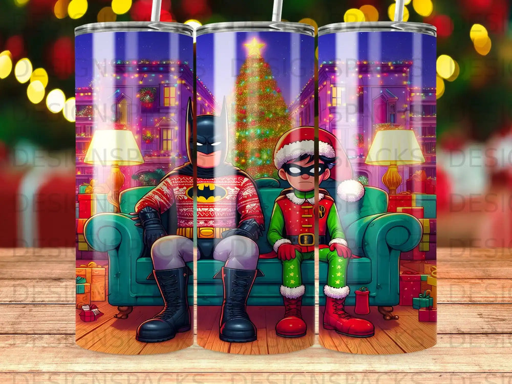 Batman and Robin in festive sweaters sit on a couch in a decorated living room.