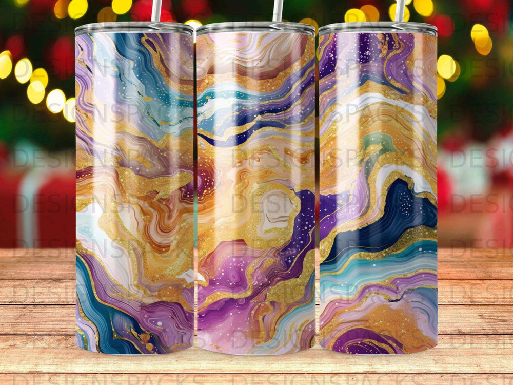 Three tumblers with a purple, blue, and gold marbled design.
