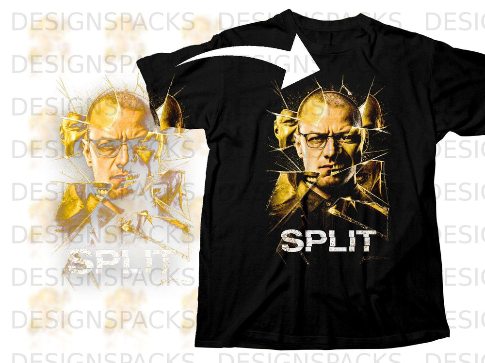 Black t-shirt with "Split" movie poster art featuring James McAvoy.