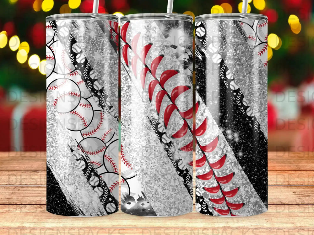 Tumbler with baseball pattern and silver glitter accents.