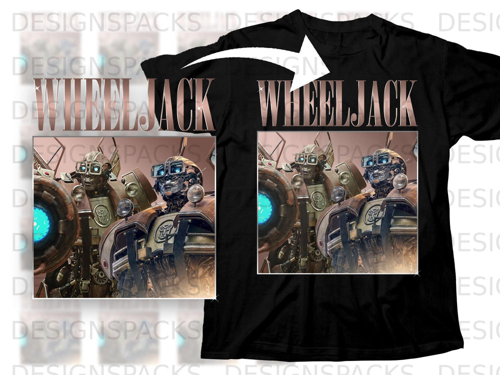 Black t-shirt featuring the text "WHEELJACK" and two images of the robot character Wheeljack.