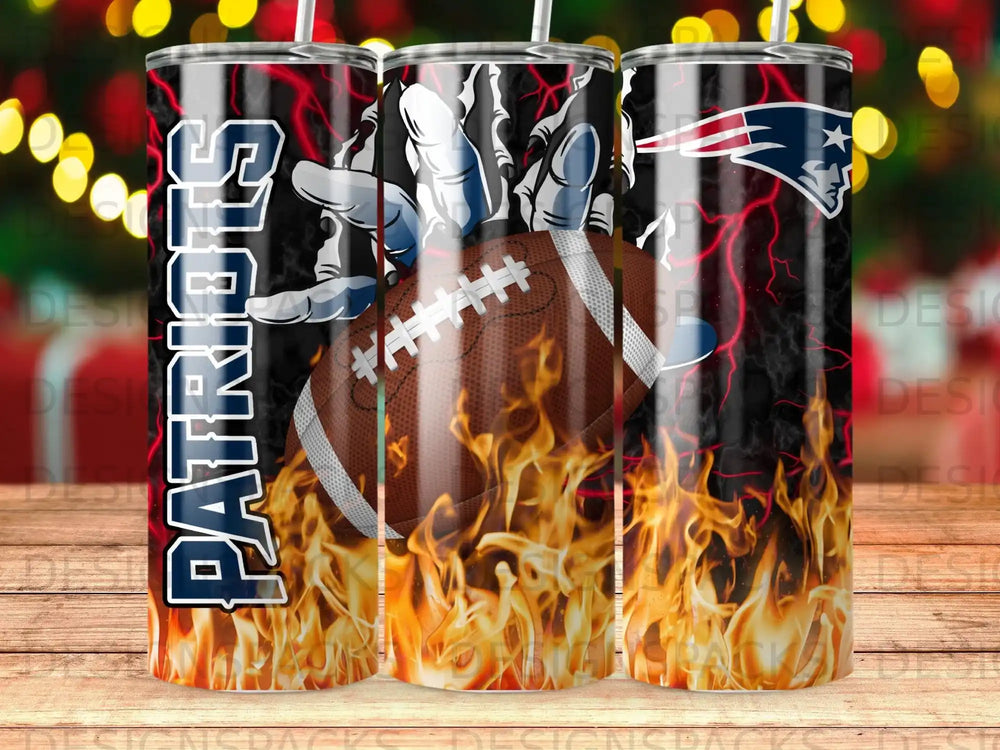New England Patriots football with flames and logo on a tumbler.