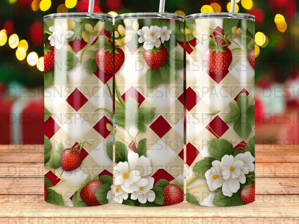 Pattern of strawberries, white flowers, and red diamonds on a tumbler.