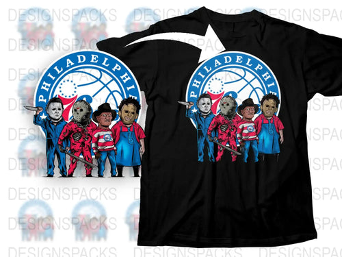 Philadelphia Sports Team Horror Characters Black T-Shirt, Unique Fan Art, Unisex Graphic Tee