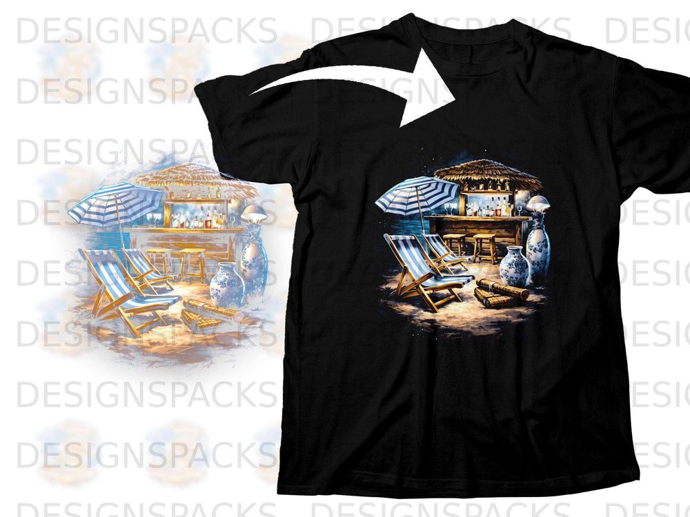 Black t-shirt featuring a tropical beach bar scene with lounge chairs and umbrellas.