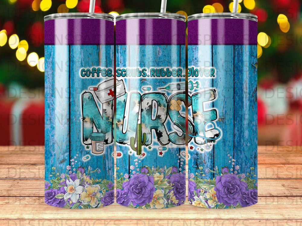 Nurse tumbler with stethoscope, medical icons, and floral accents on wood background.