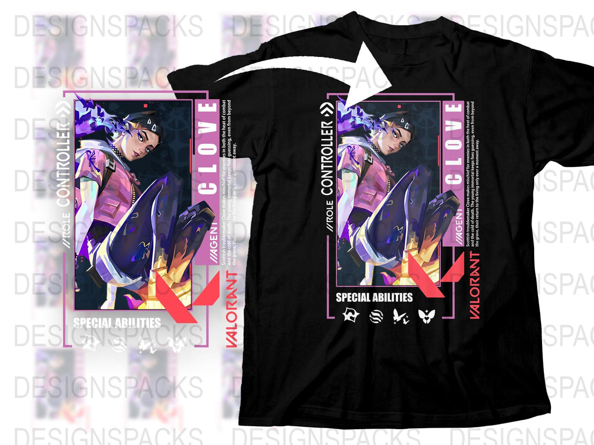 Valorant Clove Agent Inspired Graphic T-Shirt, Unique Gaming Apparel, Special Abilities Design, Black Tee