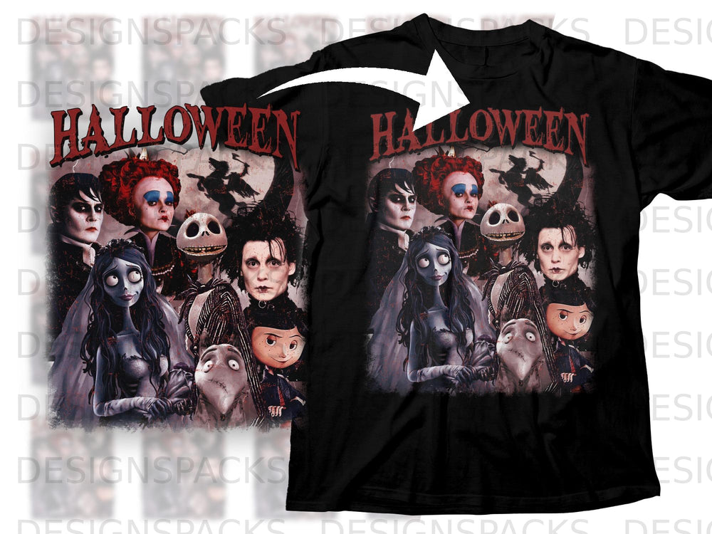 Halloween characters illustration on black t-shirt with red text.