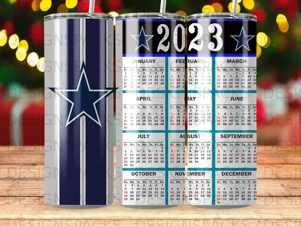 2023 calendar print with navy blue star pattern on white background.