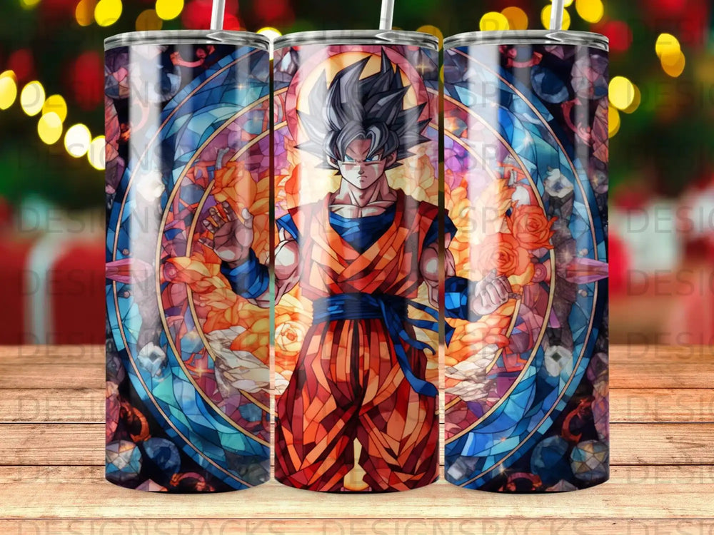 Goku in stained glass style with flames.