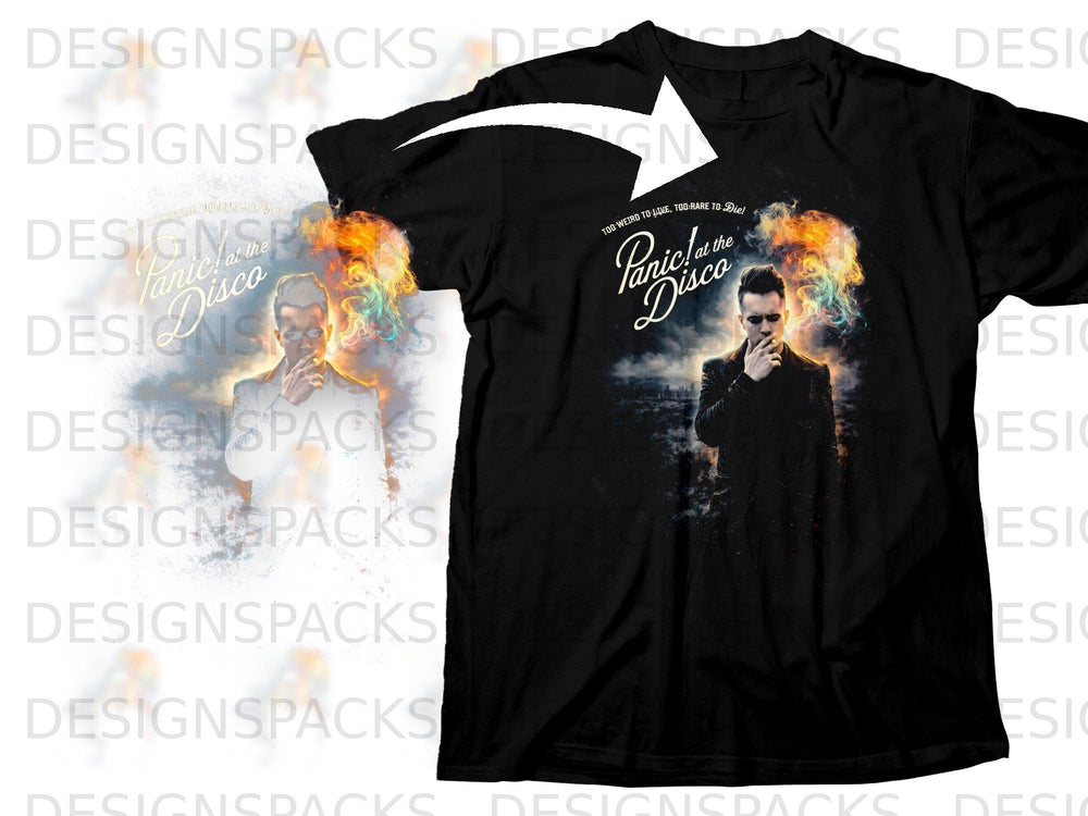 Black t-shirt with Panic! at the Disco album art and flames graphic.