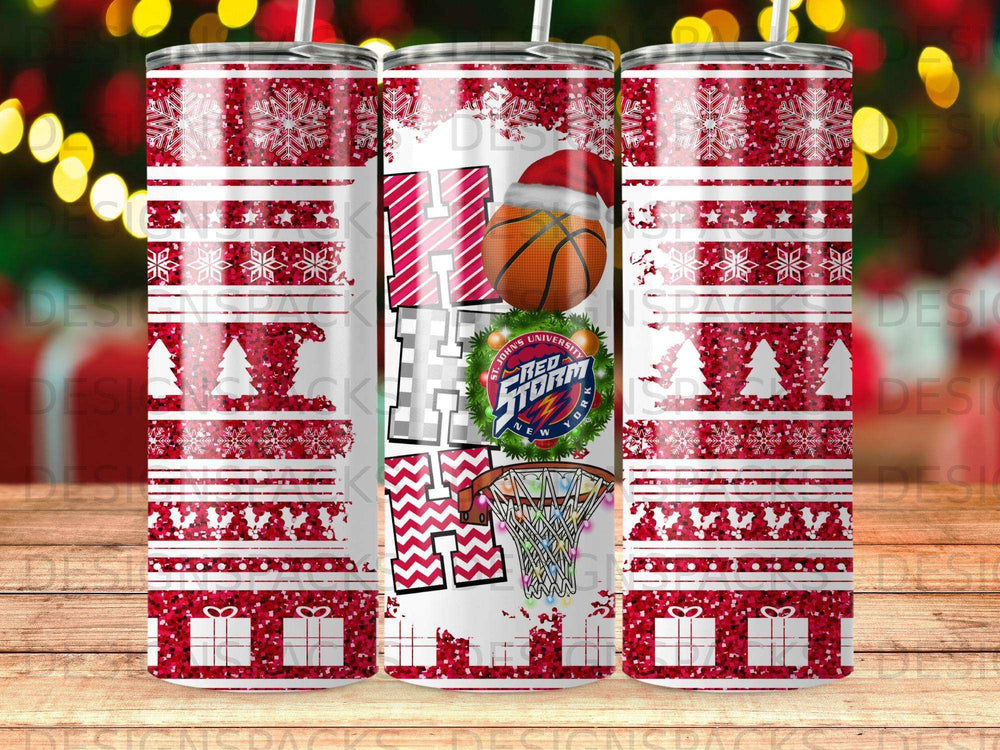 Tumbler with St. John's Red Storm logo and holiday snowflake pattern.