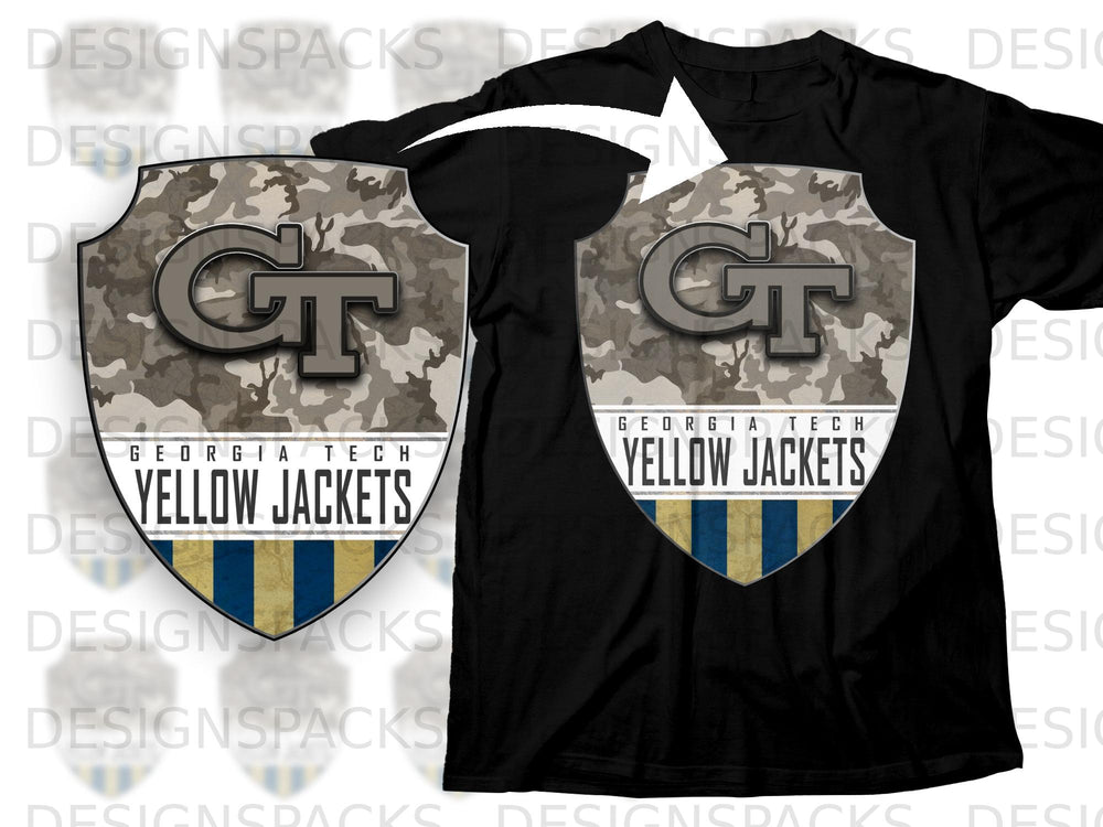 Georgia Tech Yellow Jackets shield with GT logo and camouflage design.