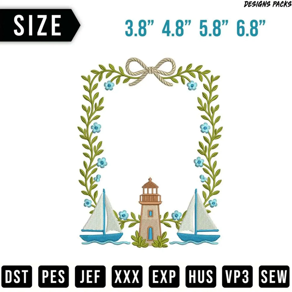 Embroidery design of a lighthouse between two sailboats within a floral border.