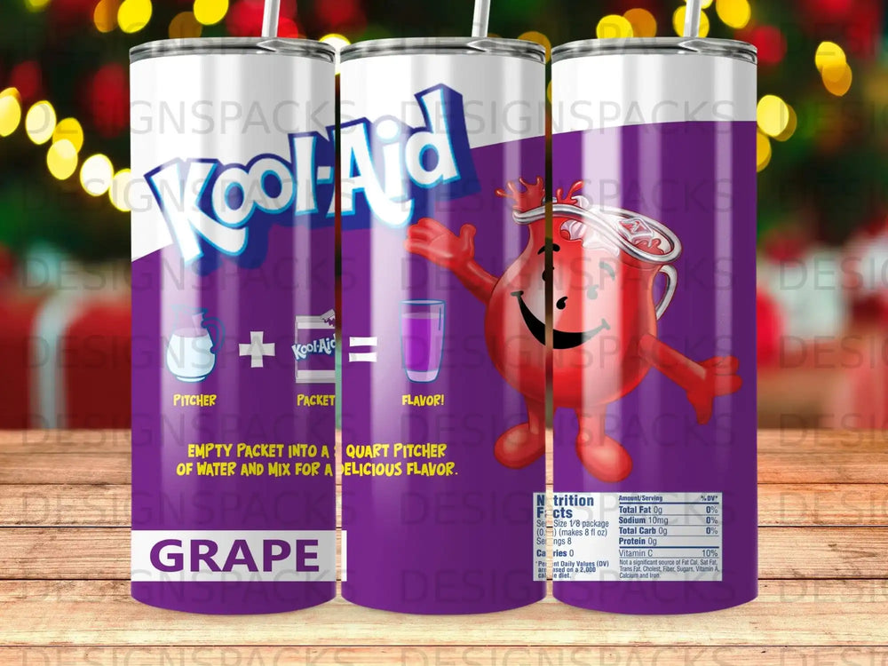 Kool-Aid grape flavored drink mix in a purple pitcher with a Kool-Aid Man character.
