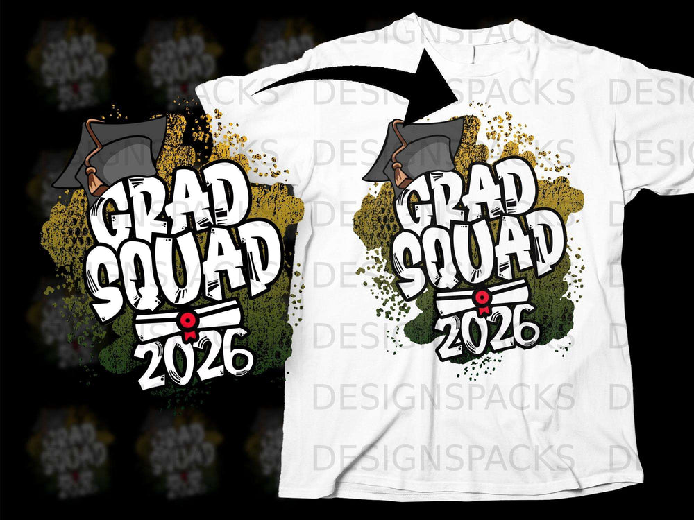 Graduation graphic with "Grad Squad 2026" text, cap, and diploma.