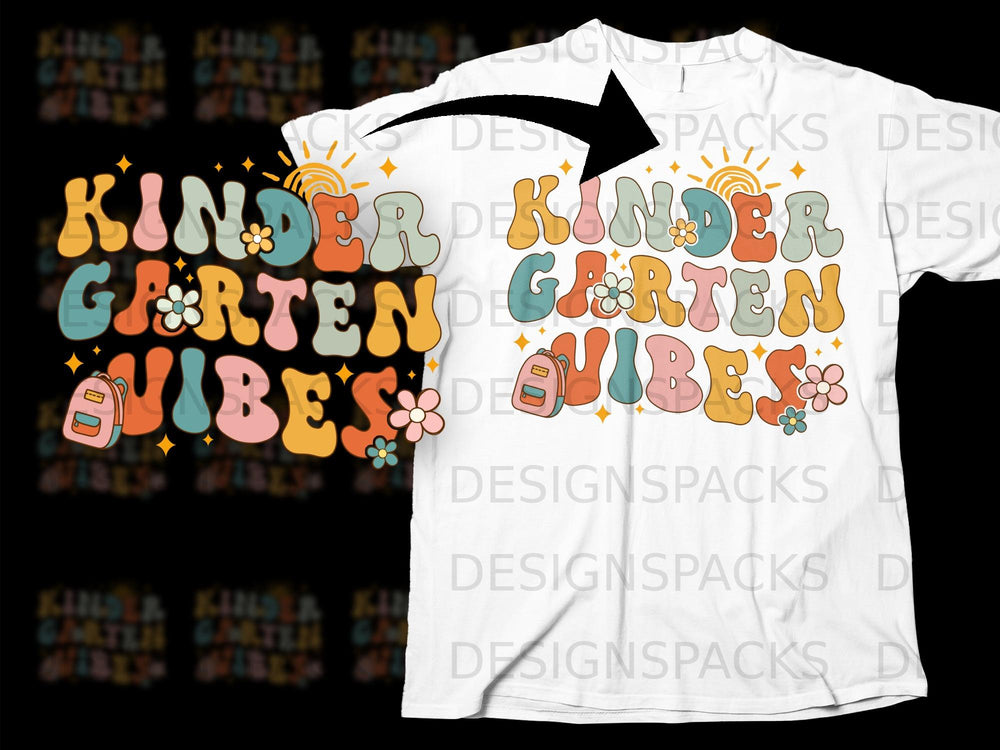 Retro "Kindergarten Vibes" text with backpack, sun, and flowers on white t-shirt.