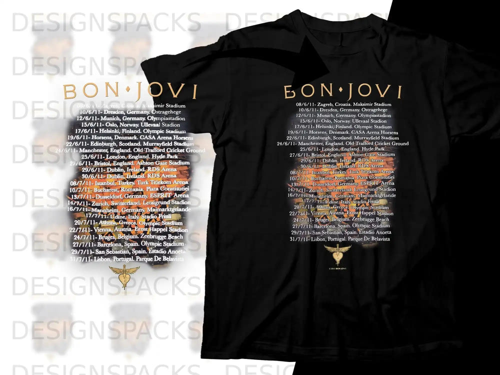 Bon Jovi 2011 concert tour dates listed on a black t-shirt.
