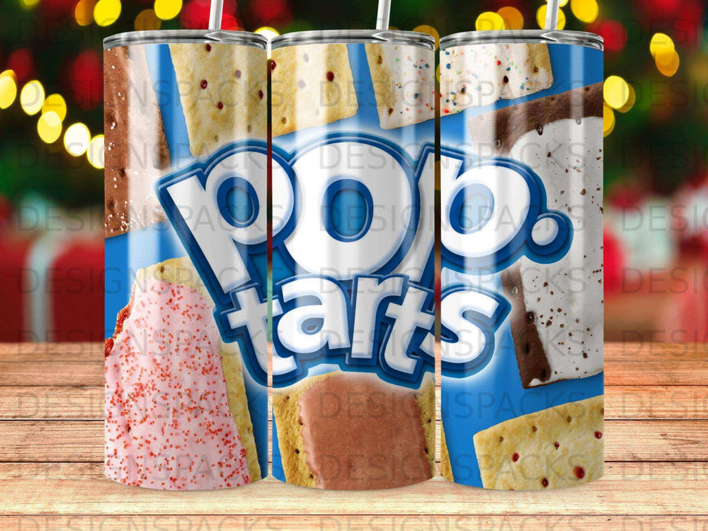 Pop-Tarts logo on a tumbler with Pop-Tart patterns.