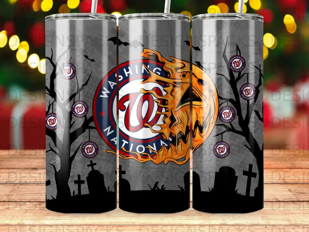 Washington Nationals logo on a spooky Halloween-themed tumbler with trees and tombstones.