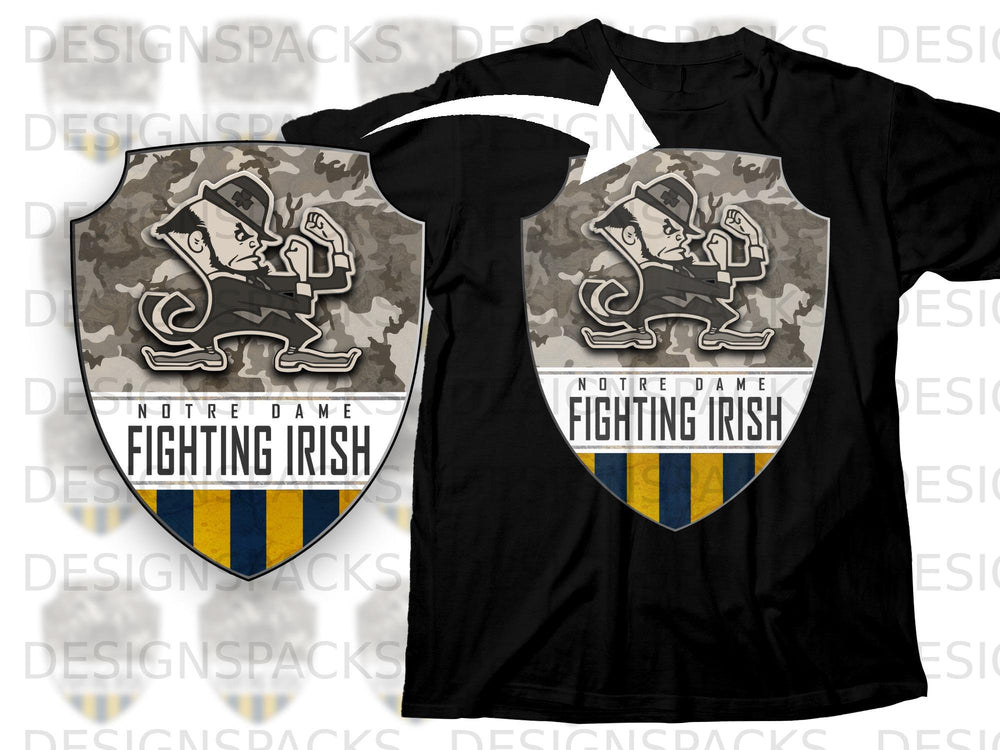 Black t-shirt with Notre Dame Fighting Irish shield logo on camouflage background.