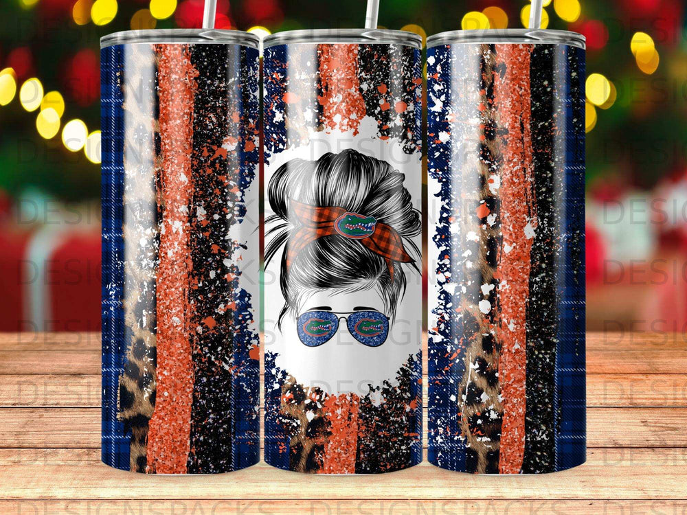 Tumbler with messy bun, plaid, leopard print, and glitter.