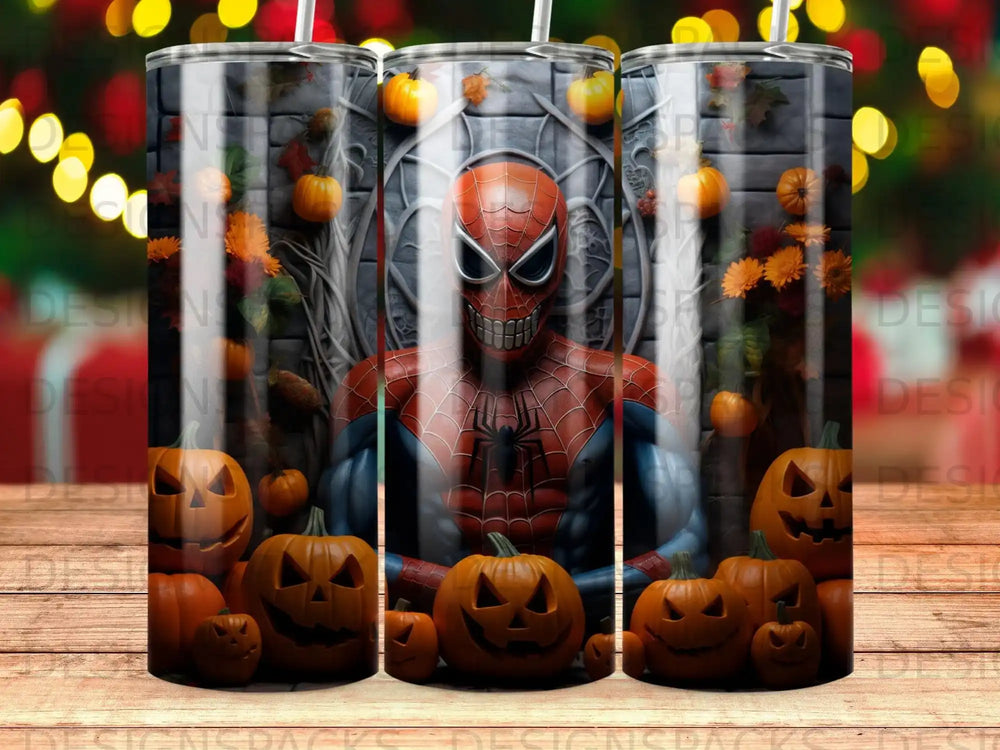 Spider-Man with pumpkins and autumn leaves on a tumbler.