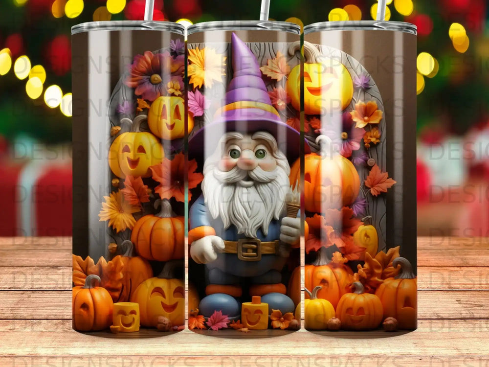 Gnome in a wizard hat surrounded by pumpkins and autumn leaves.