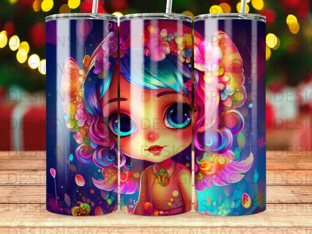 Whimsical cartoon girl with colorful floral hair and bright eyes.