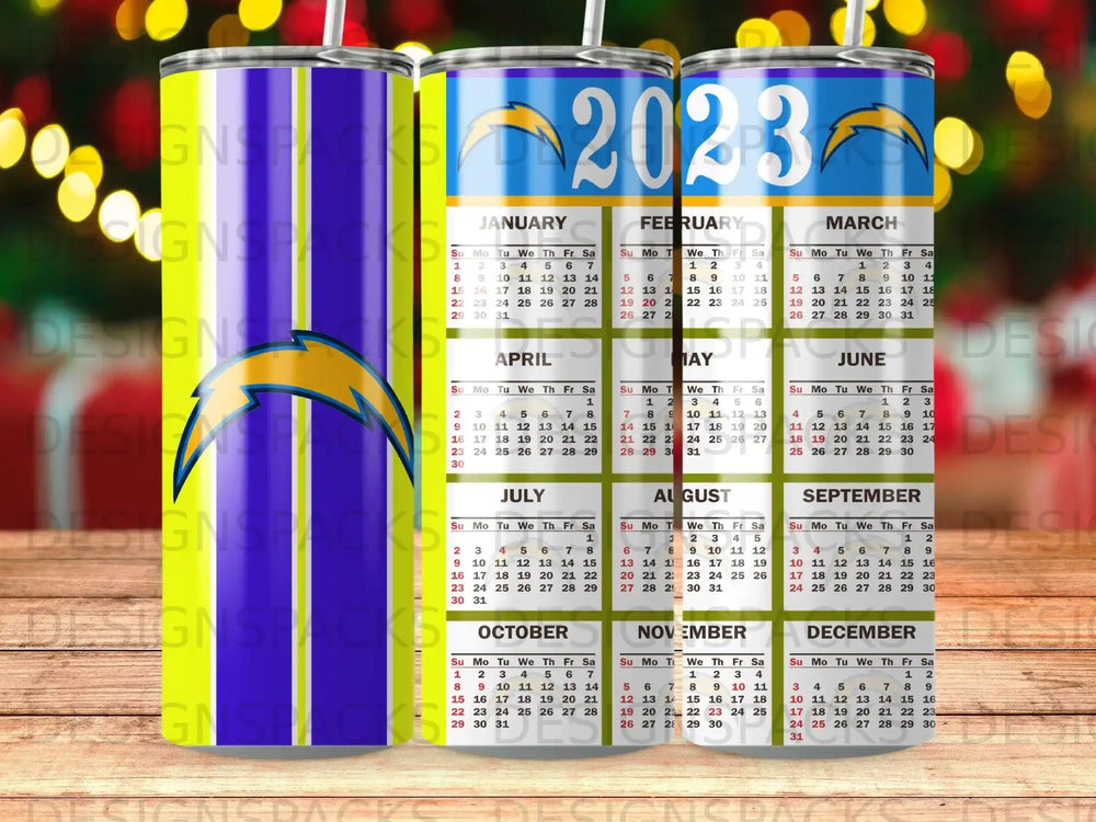 2023 calendar tumbler with blue and yellow Chargers-themed design