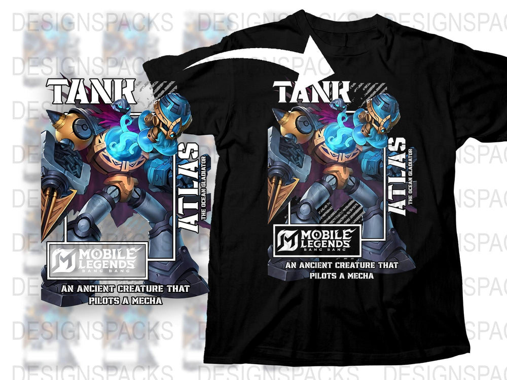 Mobile Legends Atlas T-Shirt, Tank Hero Graphic Tee, Gaming Apparel, Cool Mecha Design, Black Cotton Shirt