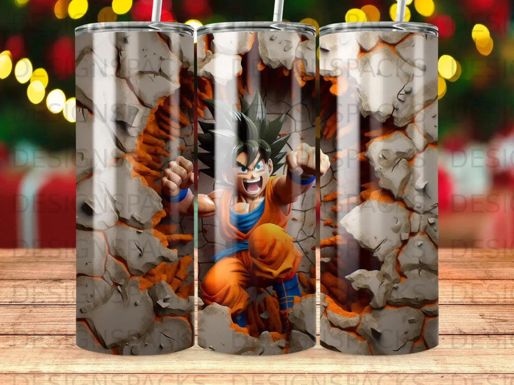 Goku bursting through a cracked, textured wall, ready to fight.