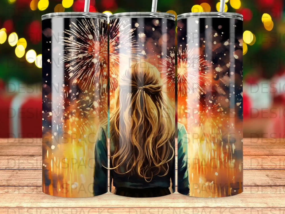 Woman with blonde hair watching fireworks display.