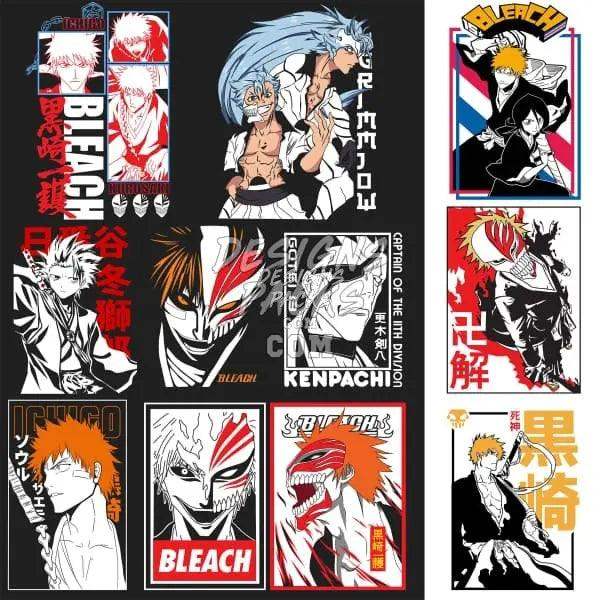Bleach anime character designs for DTF/DTG and embroidery, featuring Ichigo, Kenpachi, and more