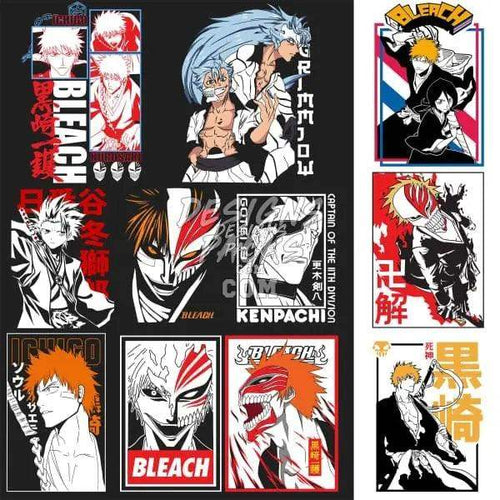Bleach anime character designs for DTF/DTG and embroidery, featuring Ichigo, Kenpachi, and more