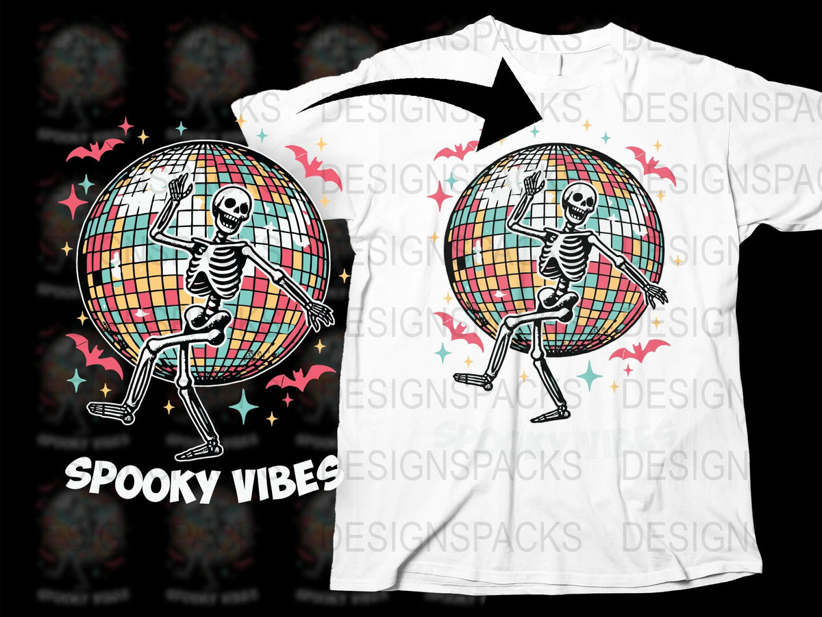 Spooky Vibes Skeleton Disco Ball Graphic T-Shirt, Halloween Party Tee, Unisex Dance Themed Shirt