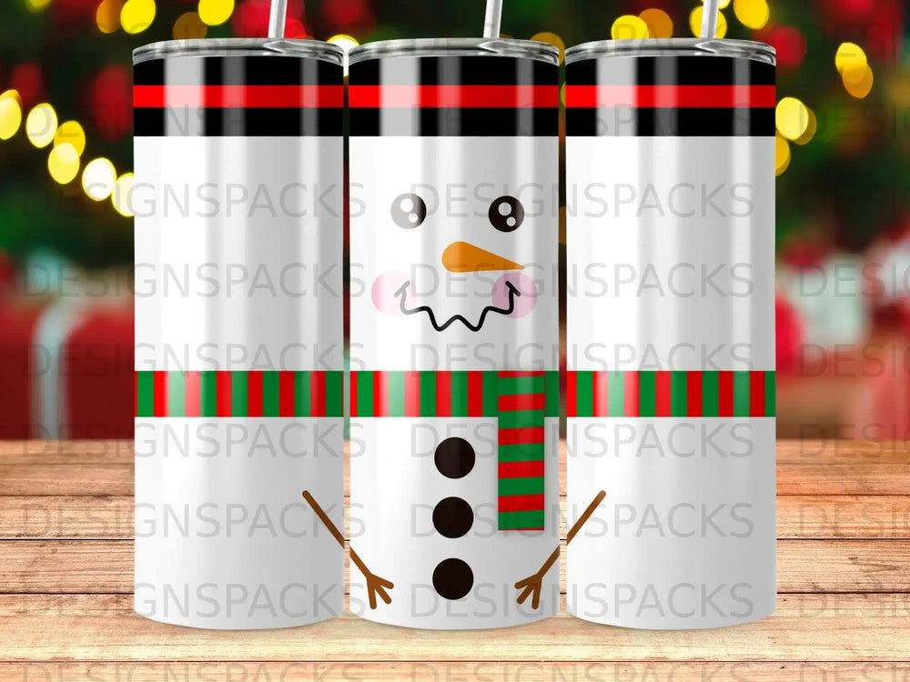 Snowman tumbler with striped scarf and buttons, repeating logo watermark.