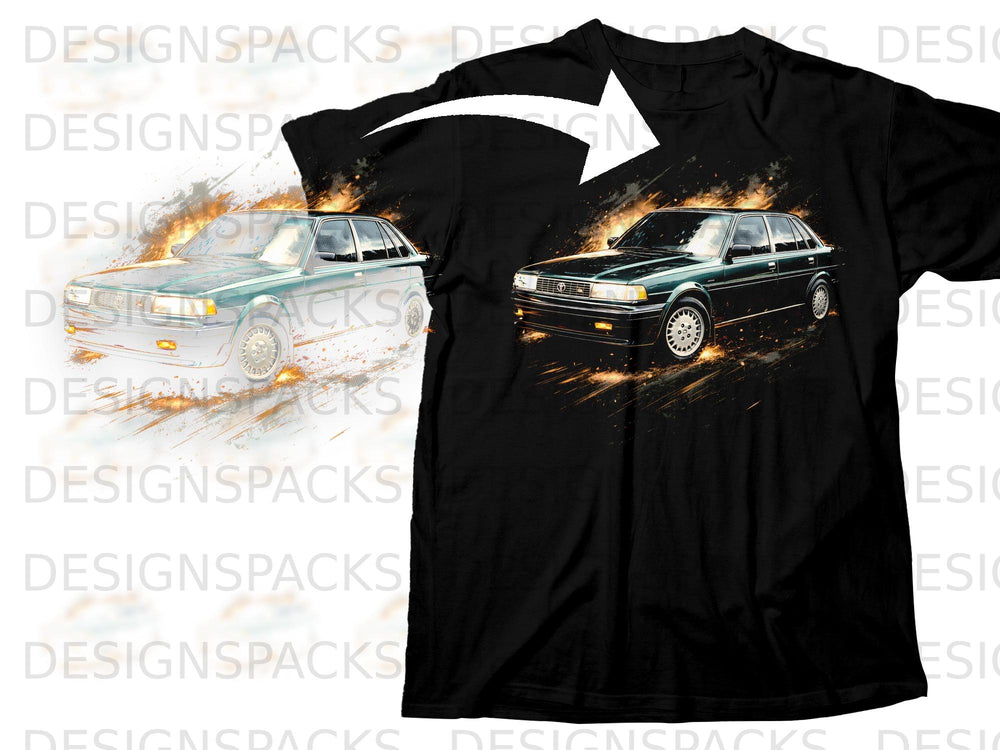 Black t-shirt with graphic of a dark green vintage car with flames.
