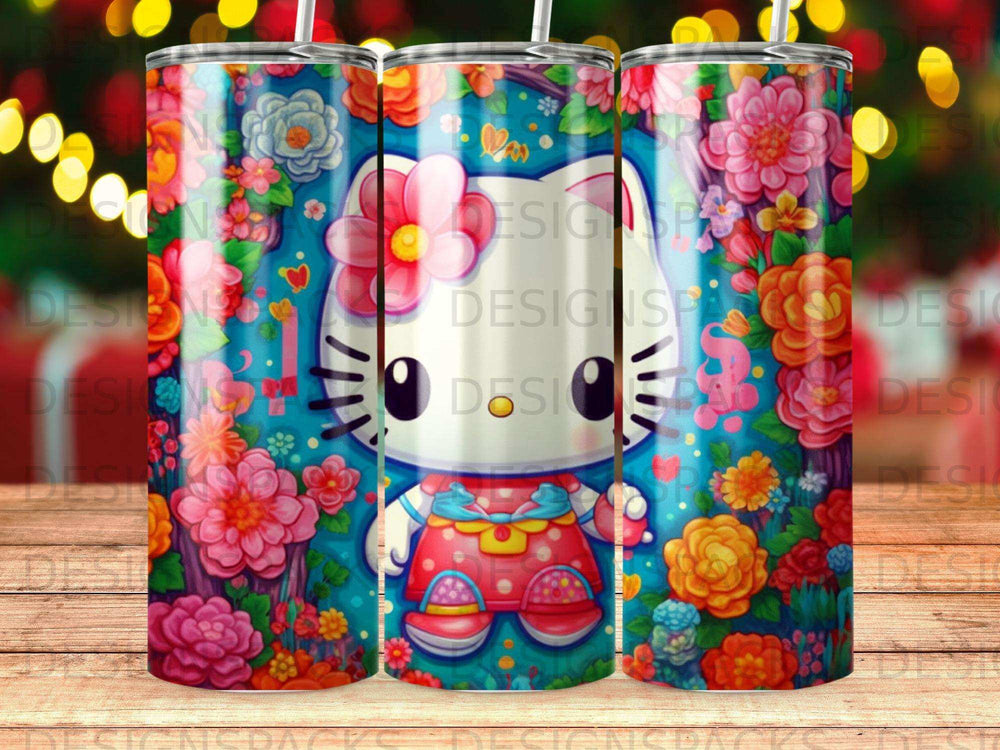Hello Kitty character in a floral print outfit, surrounded by colorful flowers.