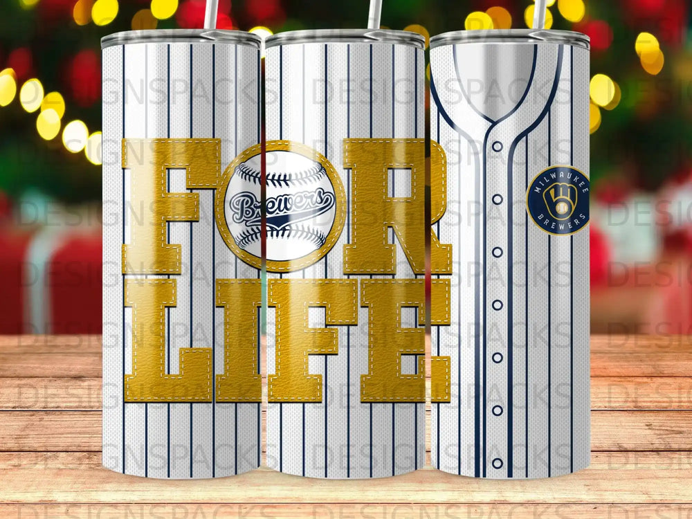 Milwaukee Brewers "For Life" logo on a striped tumbler.