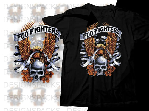 Black t-shirt with Foo Fighters logo, eagle, skull, and flowers.