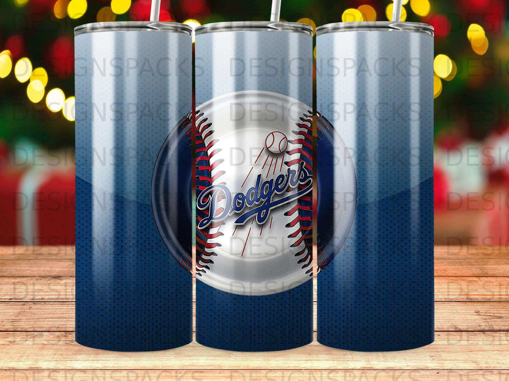 Dodgers logo on a blue speckled tumbler with a gradient background.