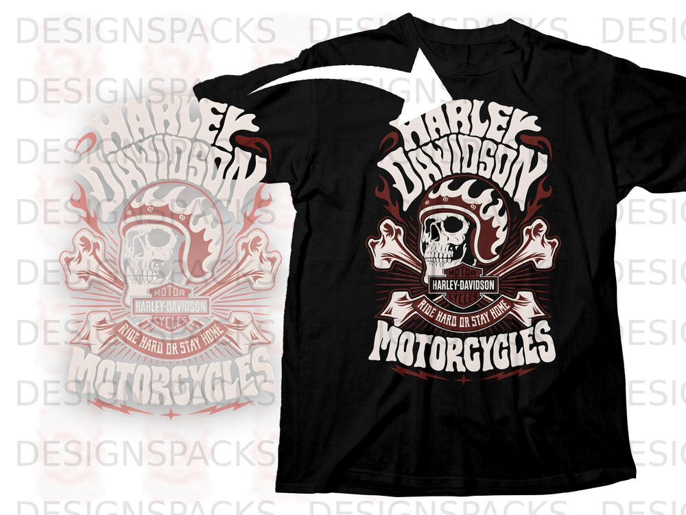 Black t-shirt with Harley-Davidson skull graphic and "Motorcycles" text.