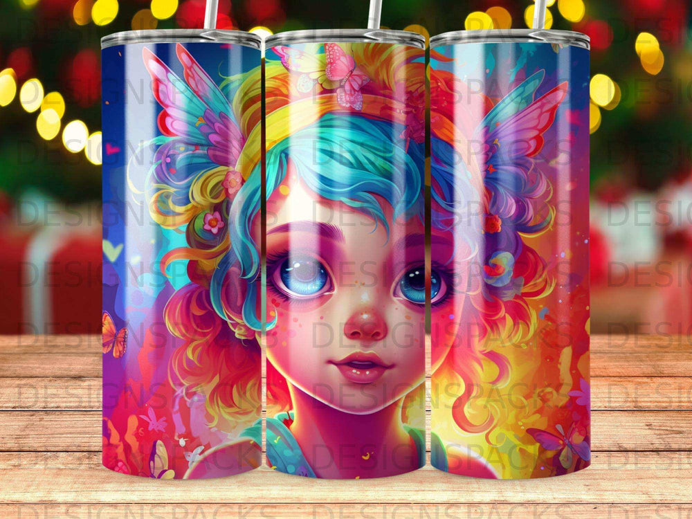 Cup with colorful fairy girl with bright blue eyes and rainbow hair.