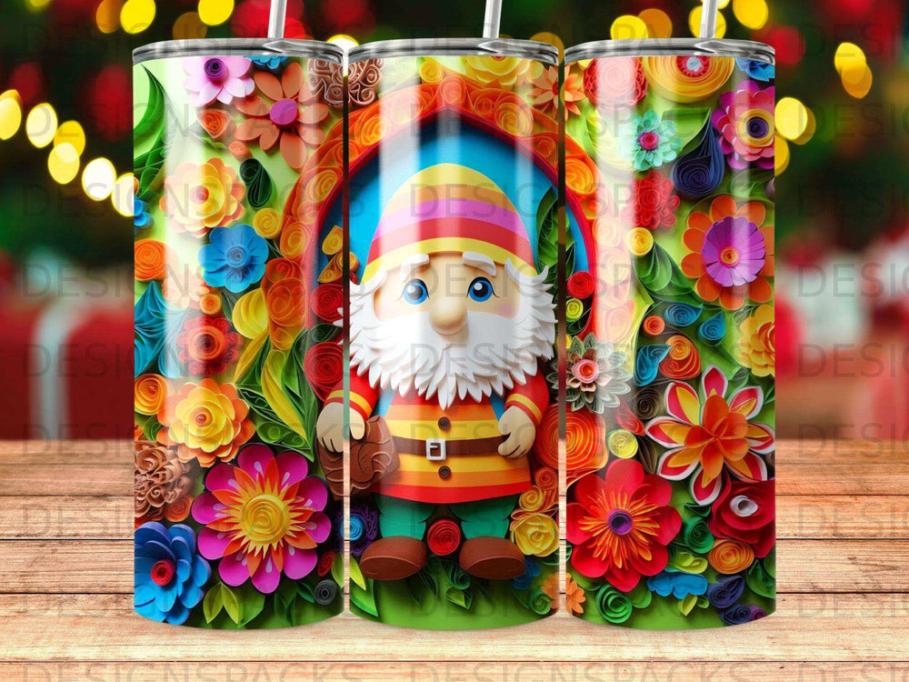 Gnome in colorful floral archway, patterned on three tumblers.