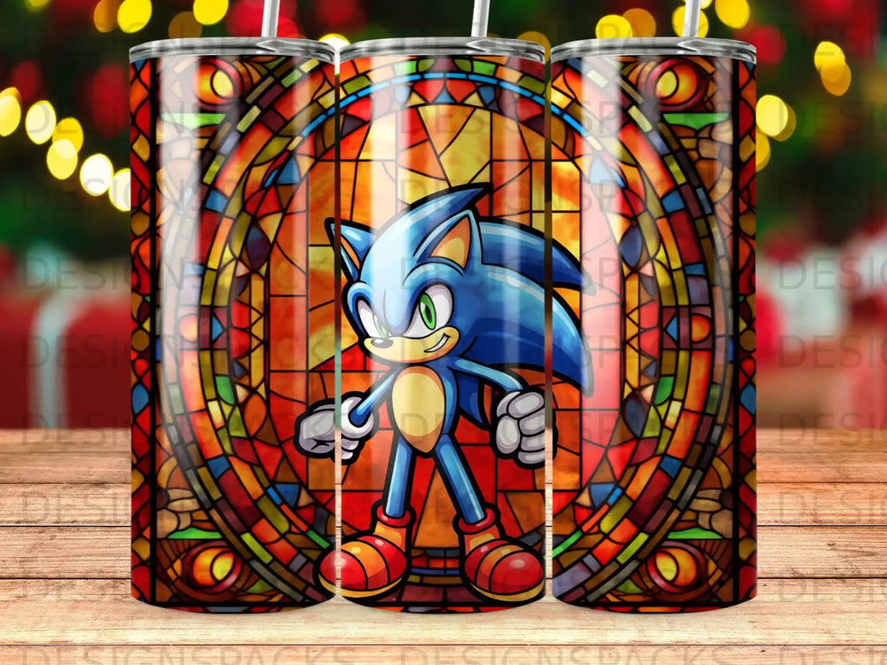 Sonic the Hedgehog in front of a stained glass window.